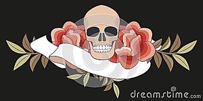 Flowers inspired by the embroidery of the oriental shawls, skull and blank banner for text Vector Illustration