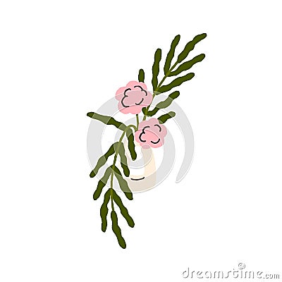 Flowers and leaf branches in vase. Floral plants, bouquet with delicate spring blooms and leaves. Beautiful blossomed Vector Illustration