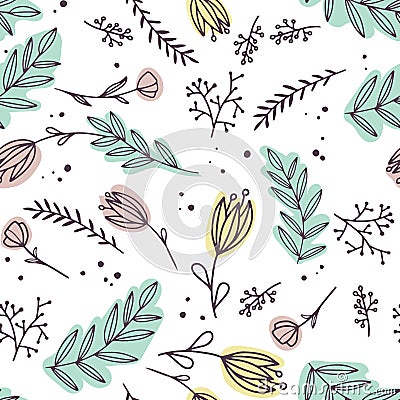 Flowers and leaves abstract colors in a cartoon style. Seamless vector wallpaper pattern on a white background. Stock Photo