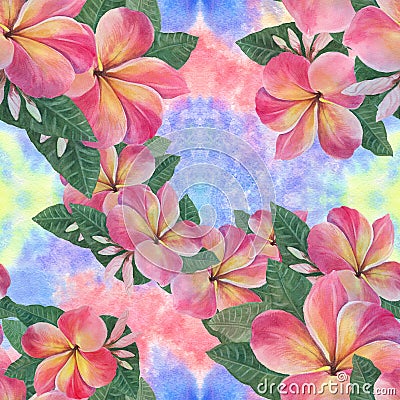 Flowers, leaves and buds of plumeria.Watercolor background. Abstract wallpaper with floral motifs. Seamless pattern. Wallpaper. Stock Photo
