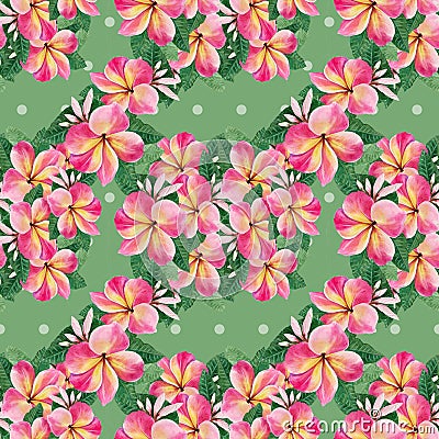 Flowers, leaves and buds of plumeria.Watercolor background. Abstract wallpaper with floral motifs. Seamless pattern. Wallpaper. Stock Photo