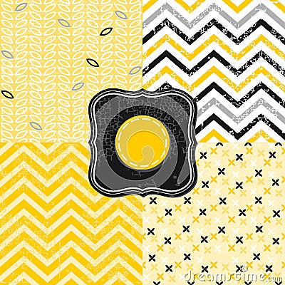 Flowers leaves and chevron black white yellow gray Vector Illustration