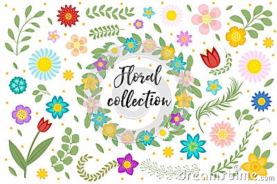 Flowers and leaves set. Floral collection isolated on white background. Spring, summer design elements for invitation Vector Illustration