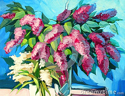 Flowers lilac in vase on table, painting by oil, illustration Stock Photo