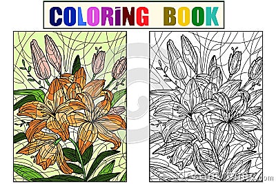 Flowers lilium. Seth coloring book and color drawing. Antistress for children and adults. Vector Illustration