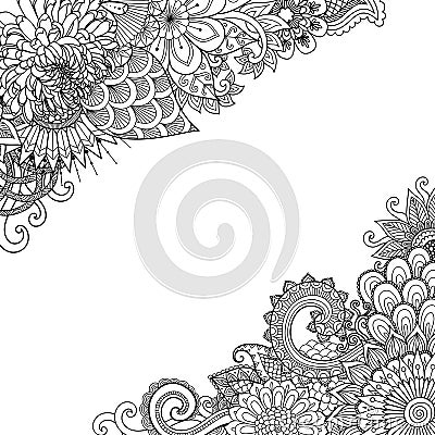 Line are of beautiful flowers in the corner with copy space for banner, print on cards and adult coloring book page. Vector illust Vector Illustration