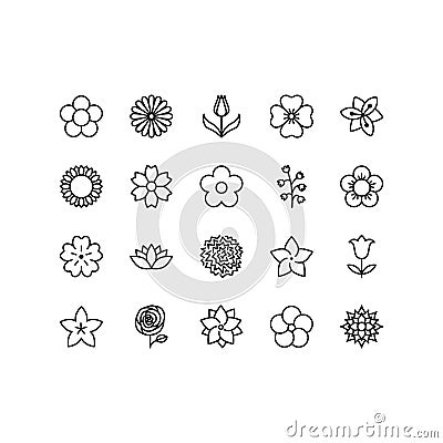 Flowers line icon set. Beautiful garden plants - tulip, chamomile, sunflower, rose, carnation. Icons isolated on white background Vector Illustration