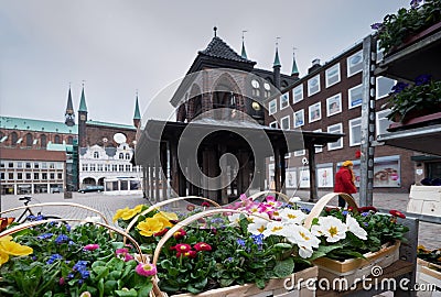 Flowers at Lubeck town square. Germany Editorial Stock Photo