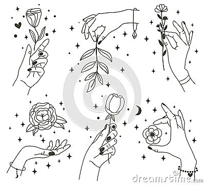 Flowers in magical hands. Trendy linear minimal style hands holding beautiful flowers. Minimalist tattoos or beauty Vector Illustration