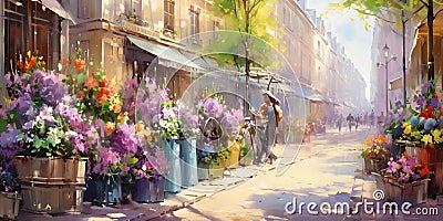 flowers marketplace , basket of flowers violets on the street of Paris on a sunny day ,paint in the impressionism art style Stock Photo