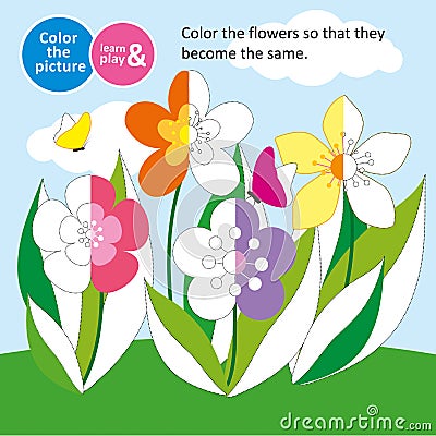 Flowers in the meadow in the summer. Game for small children. Color the picture. Coloring. For childrens magazines. Memory train Cartoon Illustration