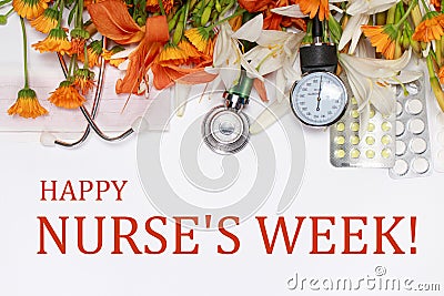 Flowers and medical devices with the text Happy Nurses Week Stock Photo