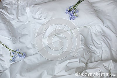 Flowers on the messy bed, white bedding items and blue flowers bouqet Stock Photo