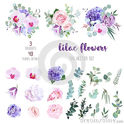 Flowers and mix of greenery big vector collection Vector Illustration