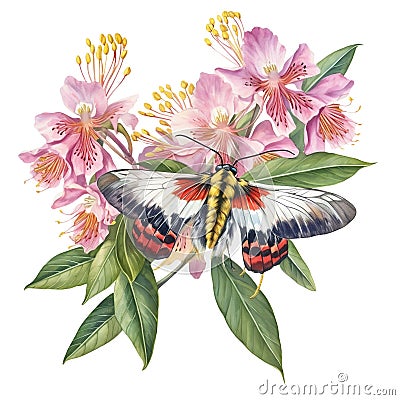 Flowers with Moth Watercolor, Florals Clipart Stock Photo