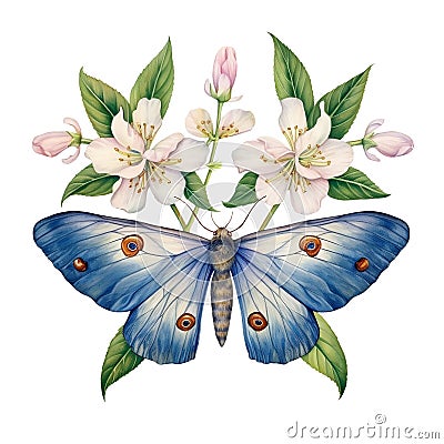 Flowers with Moth Watercolor, Florals Clipart Stock Photo