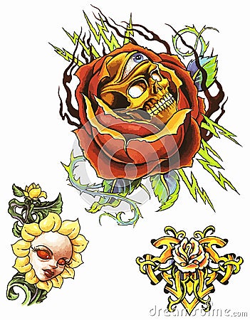 Flowers newskool tattoo set. Set of labels and elements. Vector set illustration template tattoo Cartoon Illustration