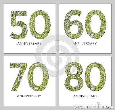 Flowers numbers cards set. Anniversary invitations. Creative vector illustration numbers 50, 60, 70, 80 design with Vector Illustration