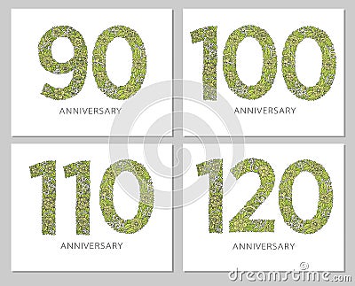 Flowers numbers cards set. Anniversary invitations. Creative vector illustration numbers 90, 100, 110, 120 design with Vector Illustration