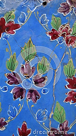 Flowers old wall-painted ornament blue, red & green mosaic Stock Photo