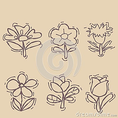 Flowers painted line on a brown Vintage background. Vector dra Vector Illustration