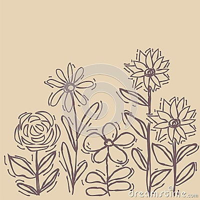 Flowers painted line on a brown Vintage background. Vector dra Vector Illustration