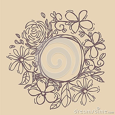 Flowers painted line on a brown Vintage background. Vector dra Vector Illustration