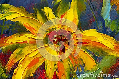 Flowers painting, yellow wild flowers daisies, orange sunflowers on a blue background, oil paintings landscape impressionism artwo Stock Photo