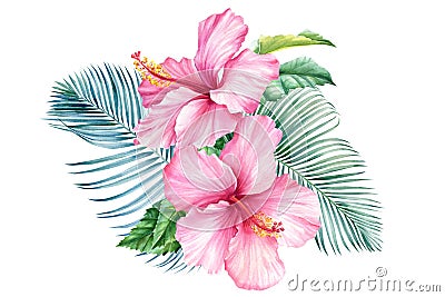 Flowers and palm leaves, hibiscus, on an isolated white background, Bouquet watercolor illustration Cartoon Illustration