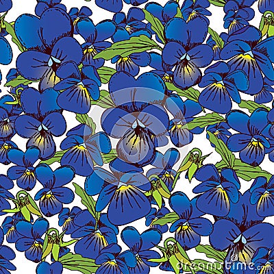 Flowers of pansies and leaves seamless blue background patterns Vector Illustration