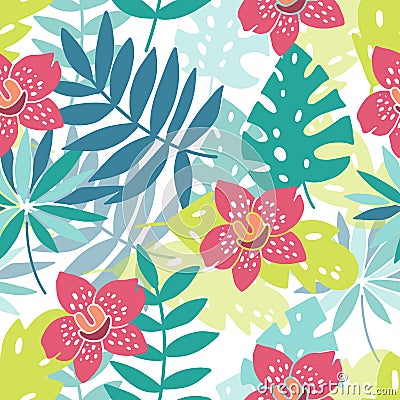 Flowers on paradise, hibiscus, plumeria and palm leaves in the jungle Vector Illustration