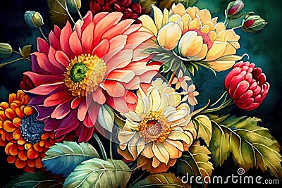 Colorful Flowers on a Black Background: A Fabric Textile Epic Painting Stock Photo