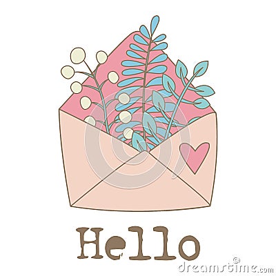 Flowers in pink envelope. Vector Illustration