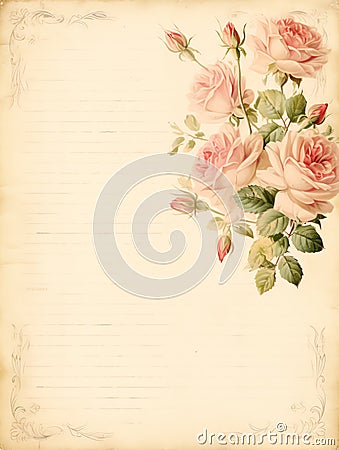 flowers pink roses Paper beautiful antique Vintage old page scrapbooking junk journalBackdrop Stock Photo