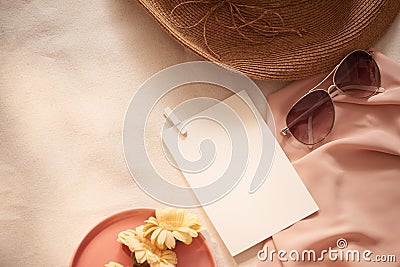 Flowers on the plate with hat, galsses and card on the light background Stock Photo