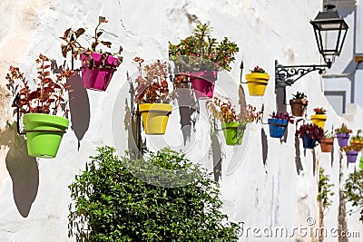 Flowers in pots of different colors hanging on the wall on the street in the Mediterranean city. Estepona, Spain. Stock Photo