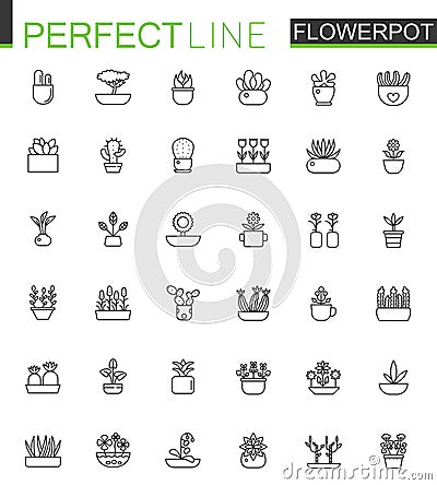 Flowers in pots thin line web icons set. Outline stroke icon design. Vector Illustration