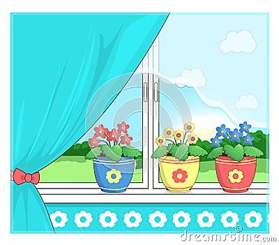 Flowers in pots on the windowsill. Vector Illustration