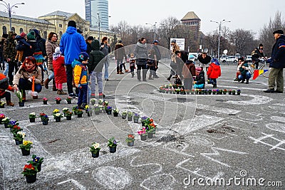 Flowers at protest, Bucharest, Romania Editorial Stock Photo