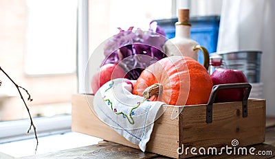 Flowers and pumpkin for autumn home decor. Beautiful composition Stock Photo