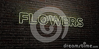 FLOWERS -Realistic Neon Sign on Brick Wall background - 3D rendered royalty free stock image Stock Photo