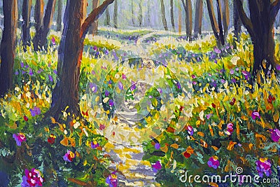 Flowers and road in sunny park forest alley oil painting illustration of nature. Cartoon Illustration