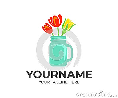 Flowers, roses and tulips in a mason jar, logo design. Floral, floristry and floristic, vector design Vector Illustration