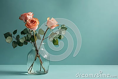 Flowers Roses In Vase On Soft Aqua Color Background Copy Space. Generative AI Stock Photo