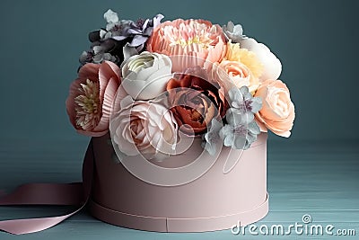 Flowers in round luxury present box. Bouquet of peonies and roses in paper box. Mock-up of hat box of flowers. AI generated image Stock Photo