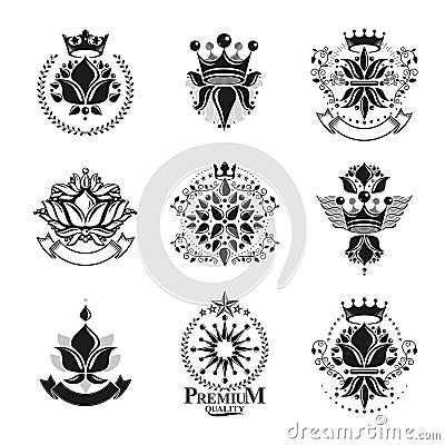 Flowers, Royal symbols, floral and crowns, emblems set. Heraldi Vector Illustration