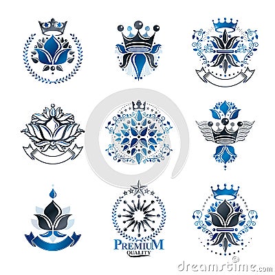 Flowers, Royal symbols, floral and crowns, emblems set. Heraldi Vector Illustration