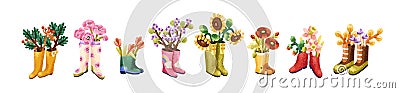 Flowers in rubber wellies set. Floral branches, plants with gentle blooms and leaves in gum boots. Gumboots with Vector Illustration