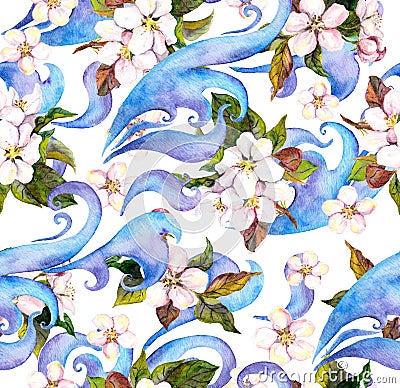Flowers sakura, cherry, apple tree and decorative ornament. Watercolour seamless floral pattern. Stock Photo