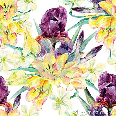 Flowers seamless pattern with watercolor irises, tulips, daffodils and leaves Cartoon Illustration